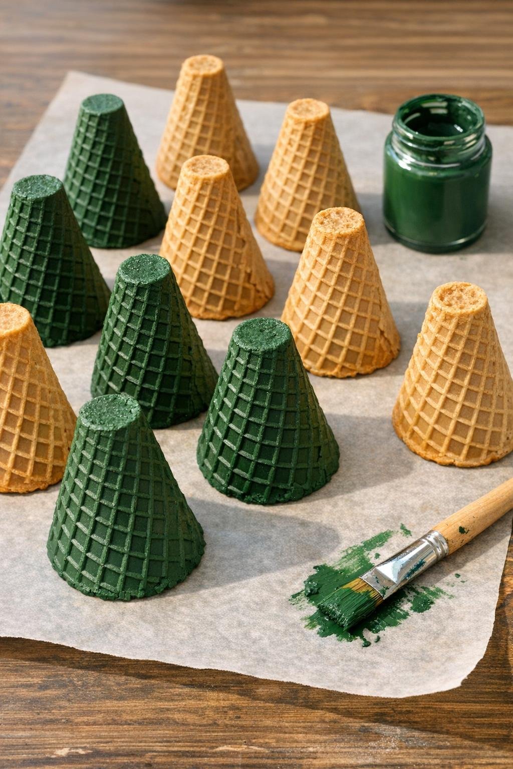 Some sugar cones painted deep green while others remain plain