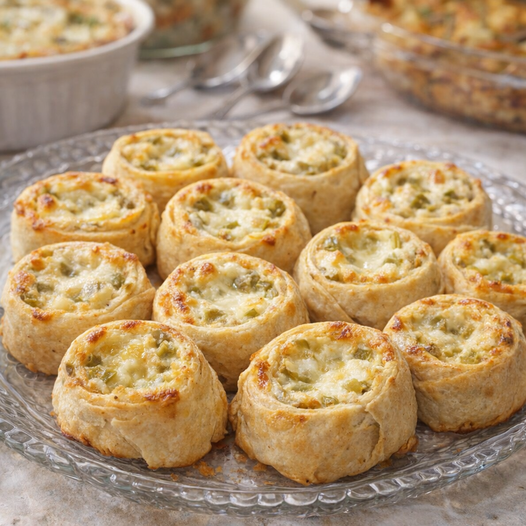 Warm baked green chile pinwheels on a church potluck platter