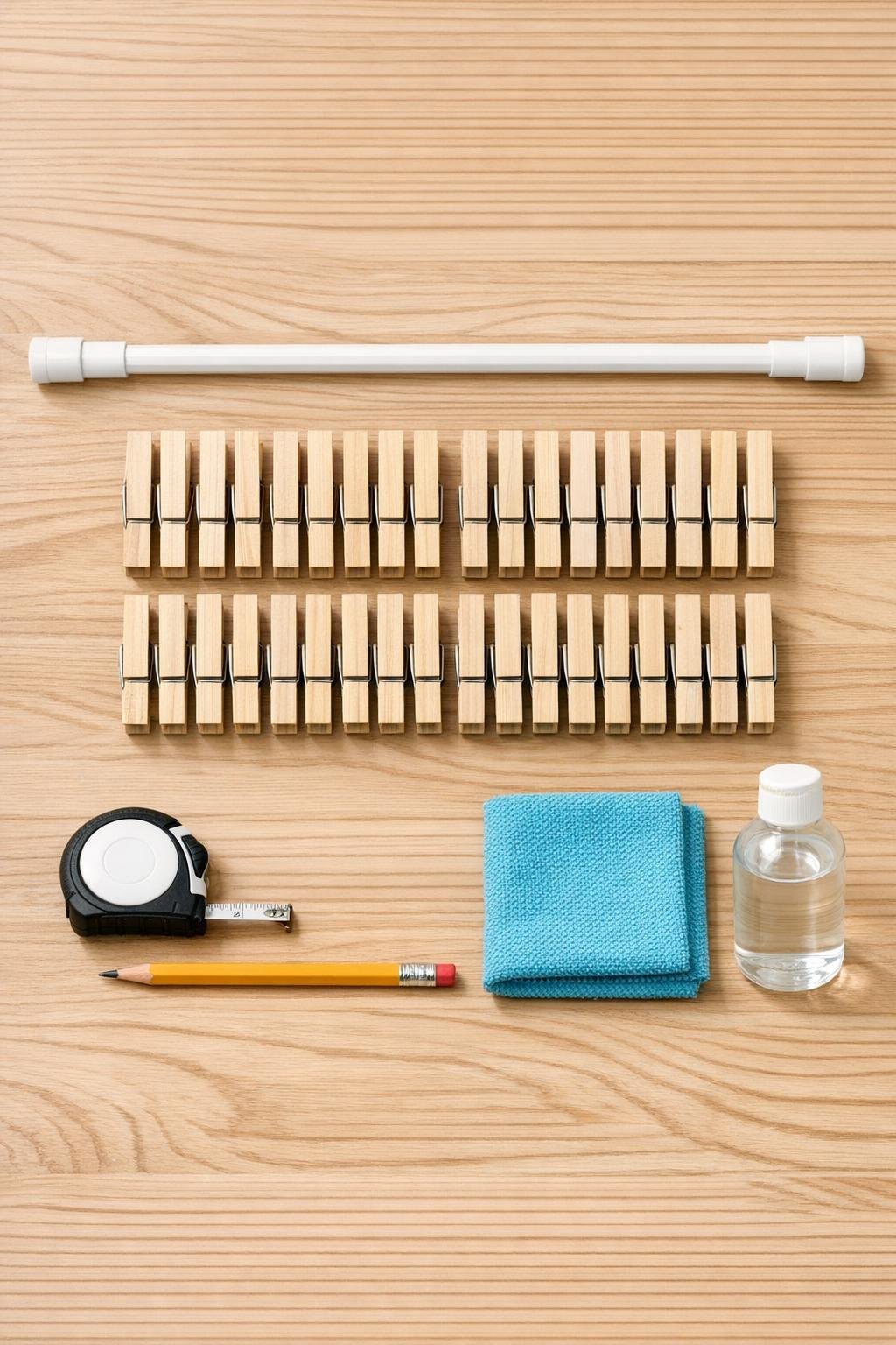 Materials for a mitten drying rack laid out neatly