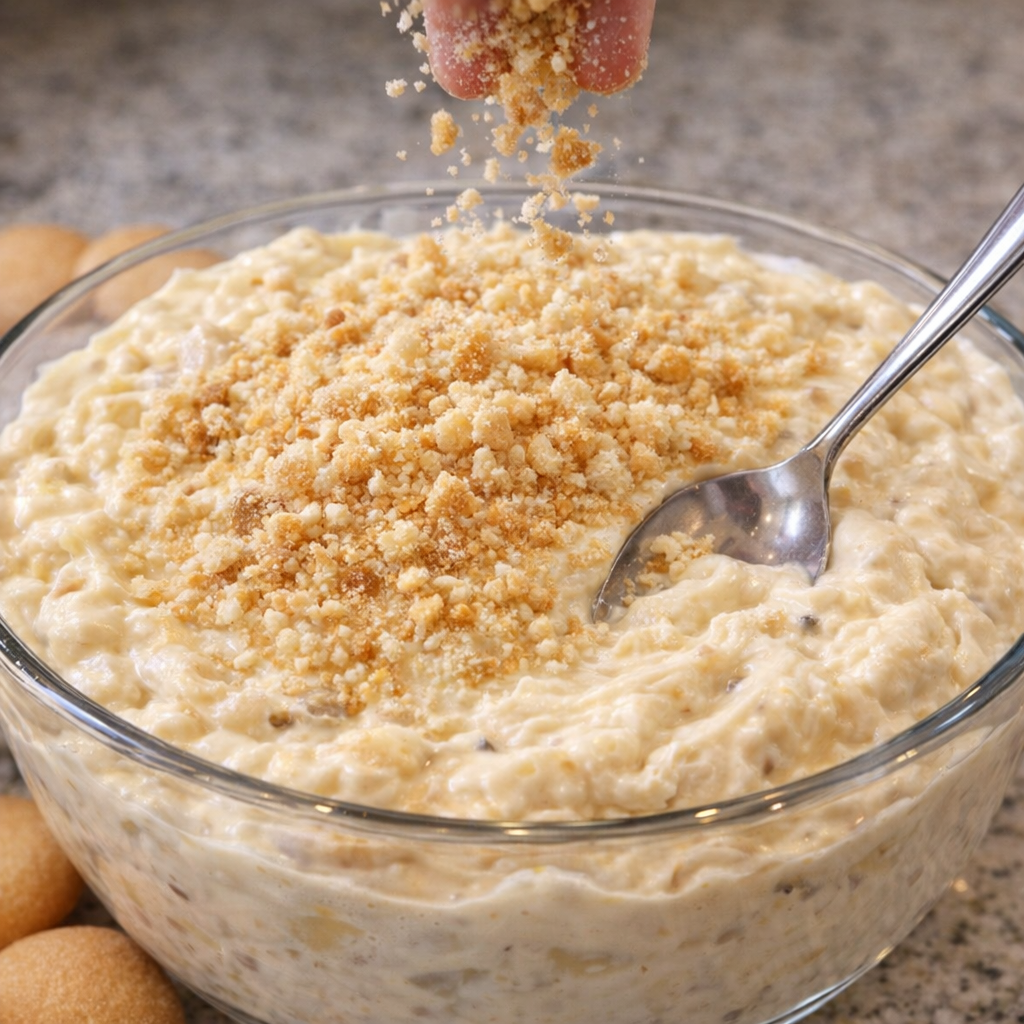Crushed vanilla wafers sprinkled over banana pudding dip