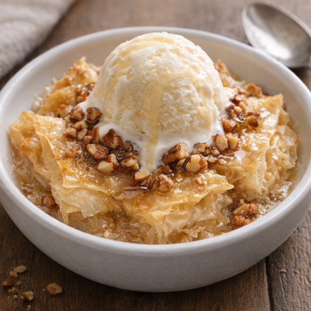 Served bowl of phyllo dessert with ice cream