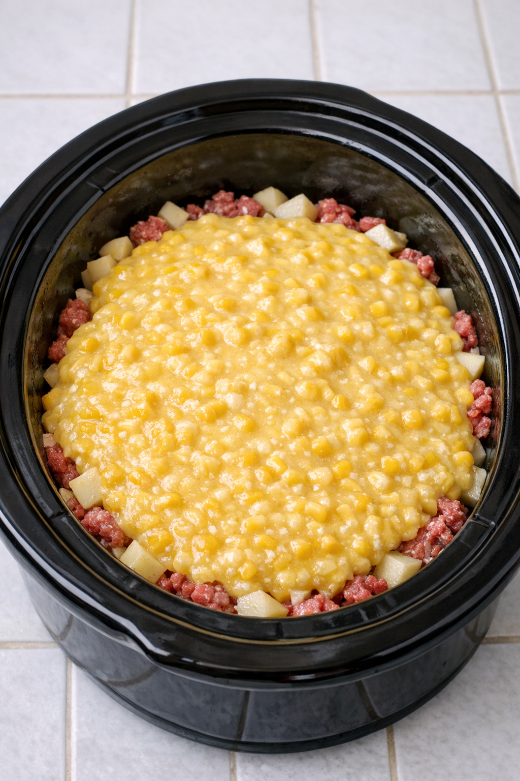 Creamed corn covering the potato and beef layers in a slow cooker