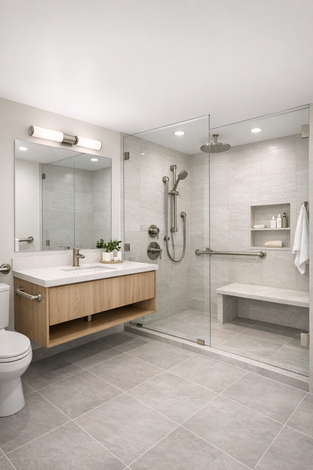Spa-like bathroom with a floating oak vanity, curbless shower, and light gray tile