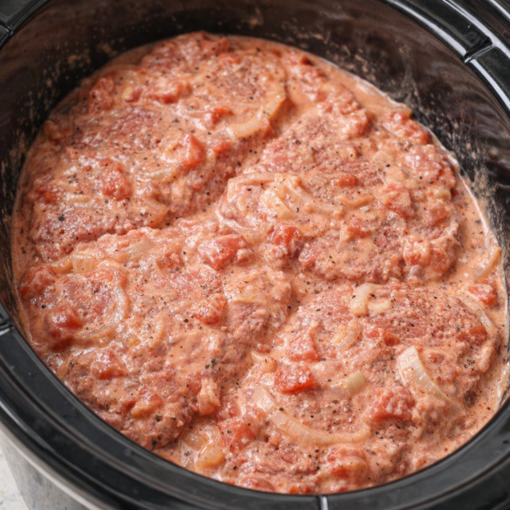 Slow cooker filled with Swiss steak before cooking