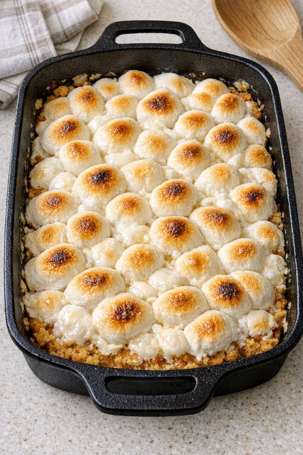 Finished baked marshmallow dessert in cast iron pan