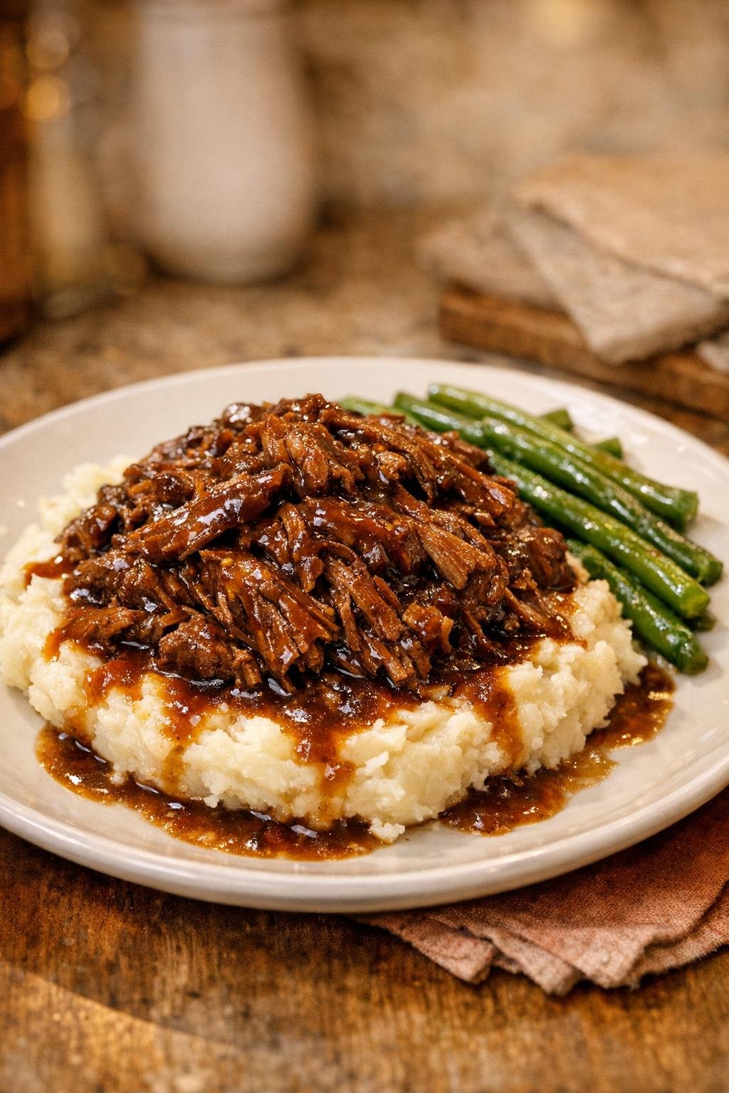 Finished plated short rib beef with rich sauce