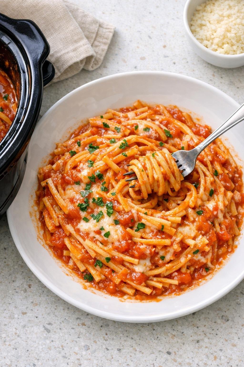 Finished slow cooker linguine in a black slow cooker