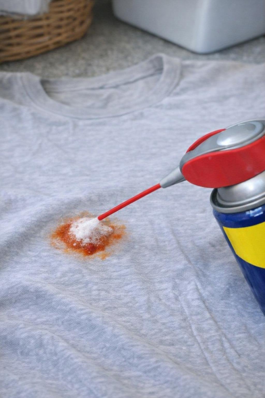 WD-40 treating a tomato sauce stain on clothing before washing