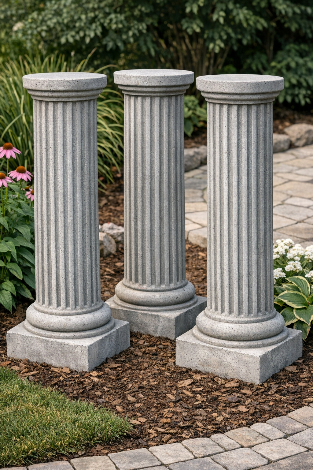 Finished heavy ridged cement yard columns displayed in a garden