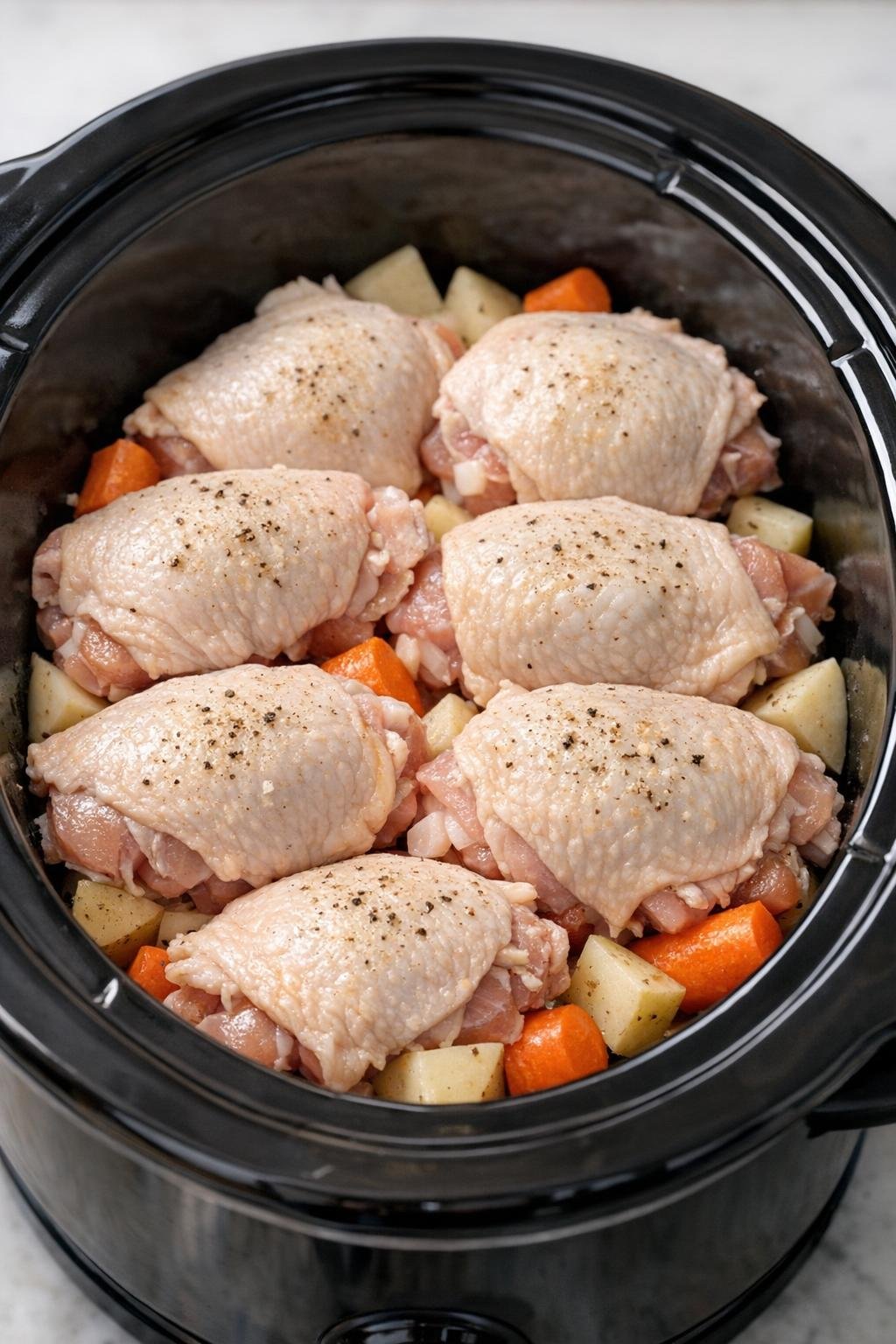 Rauwe kippendijen bovenop groenten in de slowcooker