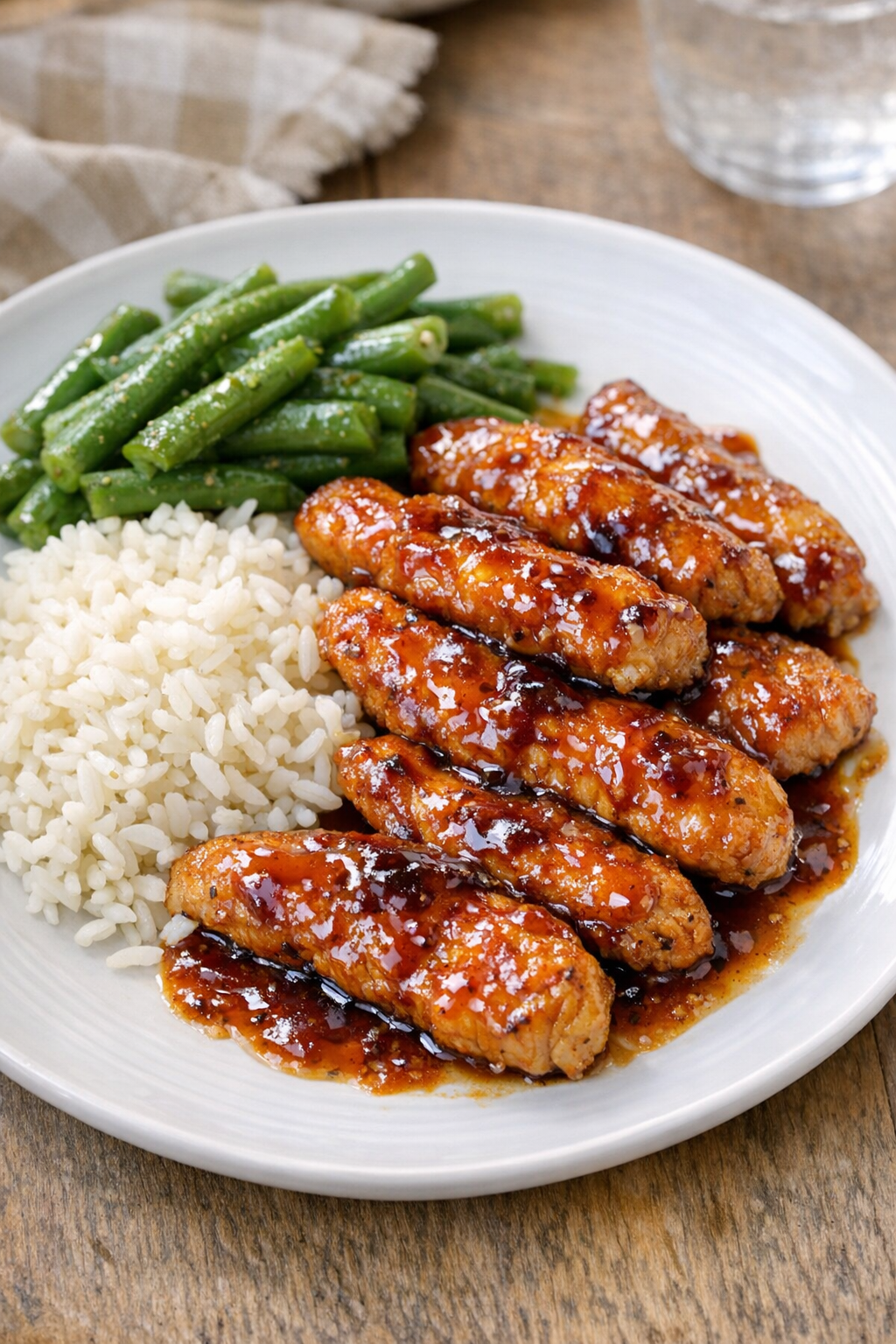 Baked chicken strips glazed in dark amber sauce on a dinner plate