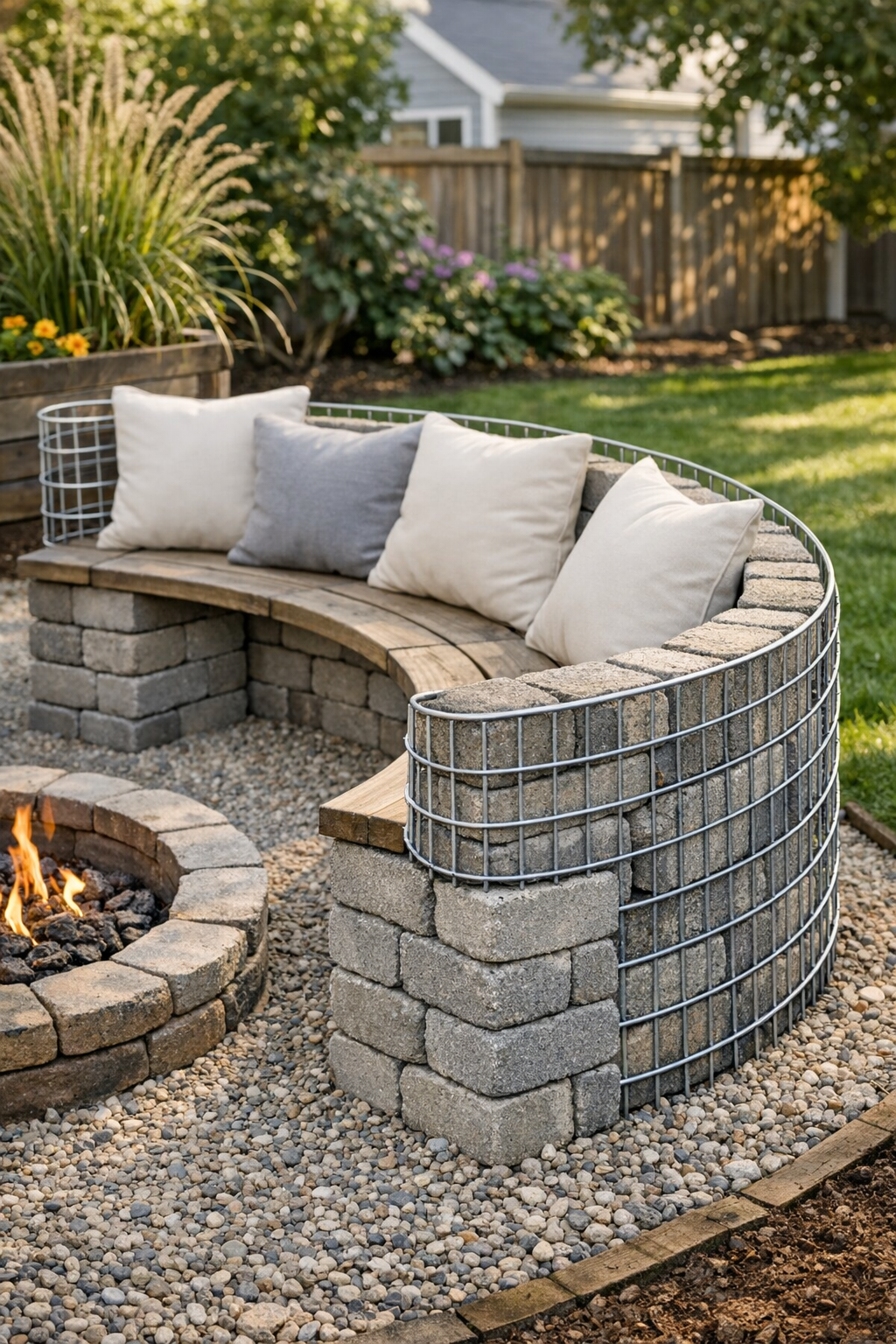Finished curved outdoor firepit bench made from wire fencing and pavers