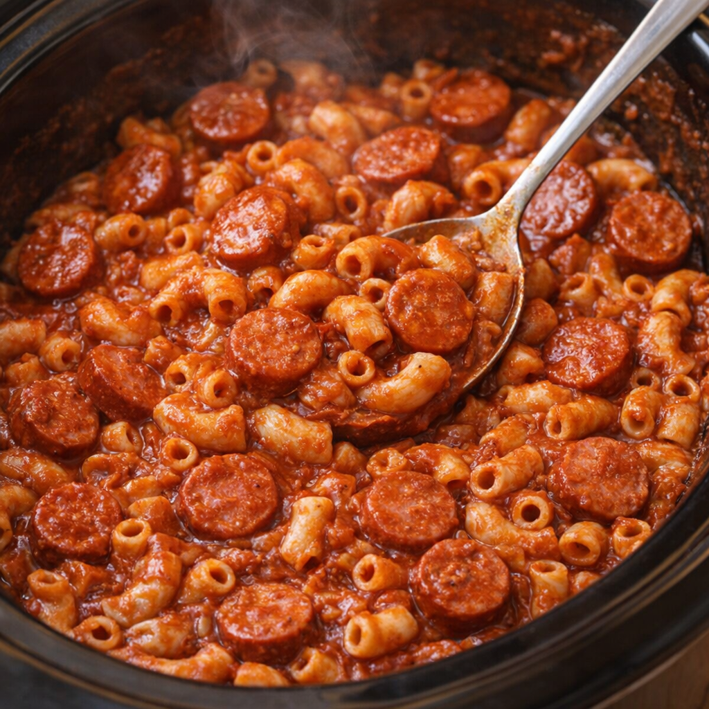 Finished hot dog macaroni in the slow cooker ready to serve