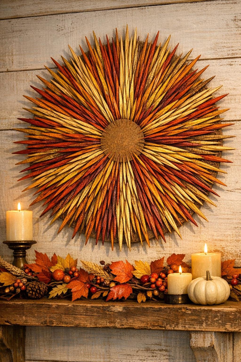 Finished giant harvest starburst made from toothpicks hanging as fall decor