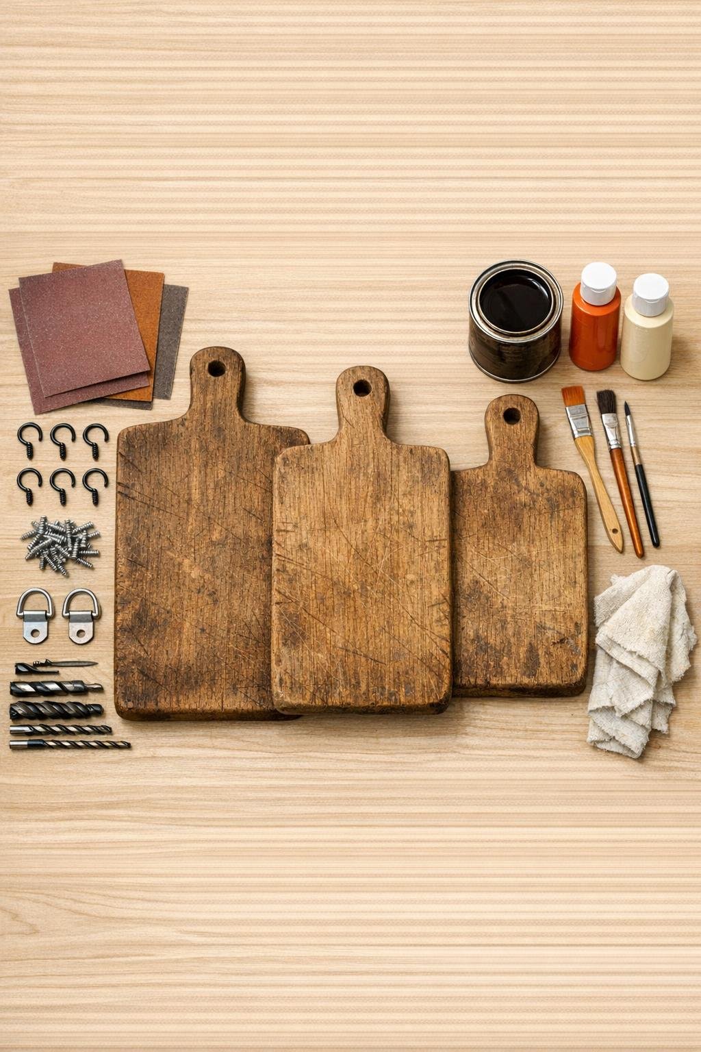 Old cutting boards, hooks, paint, stain, and hanging hardware laid out for the project
