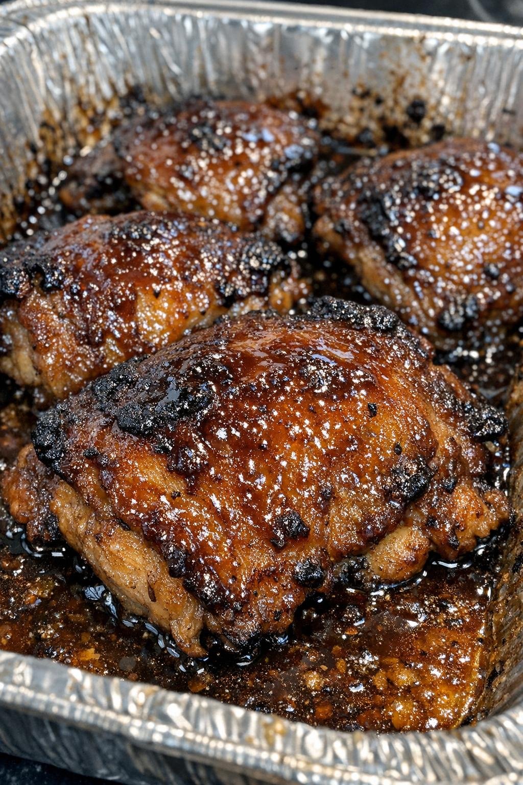 Glistening roasted protein in an aluminum baking pan