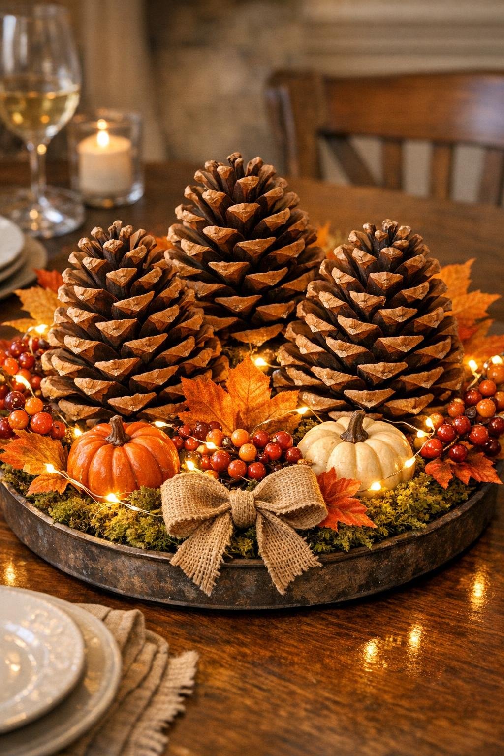 Completed autumn centerpiece with three large pinecones