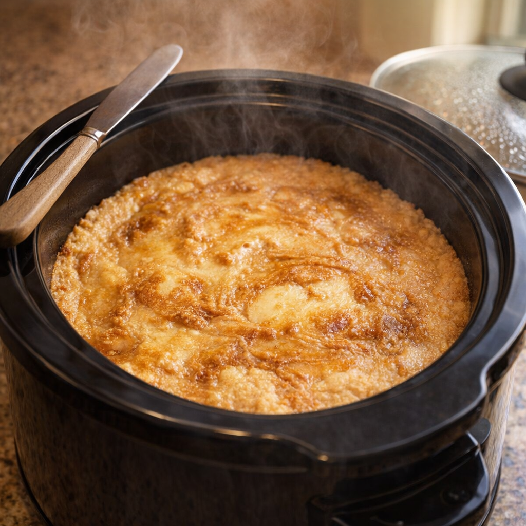 Peanut butter pie nearly finished cooking in the slow cooker