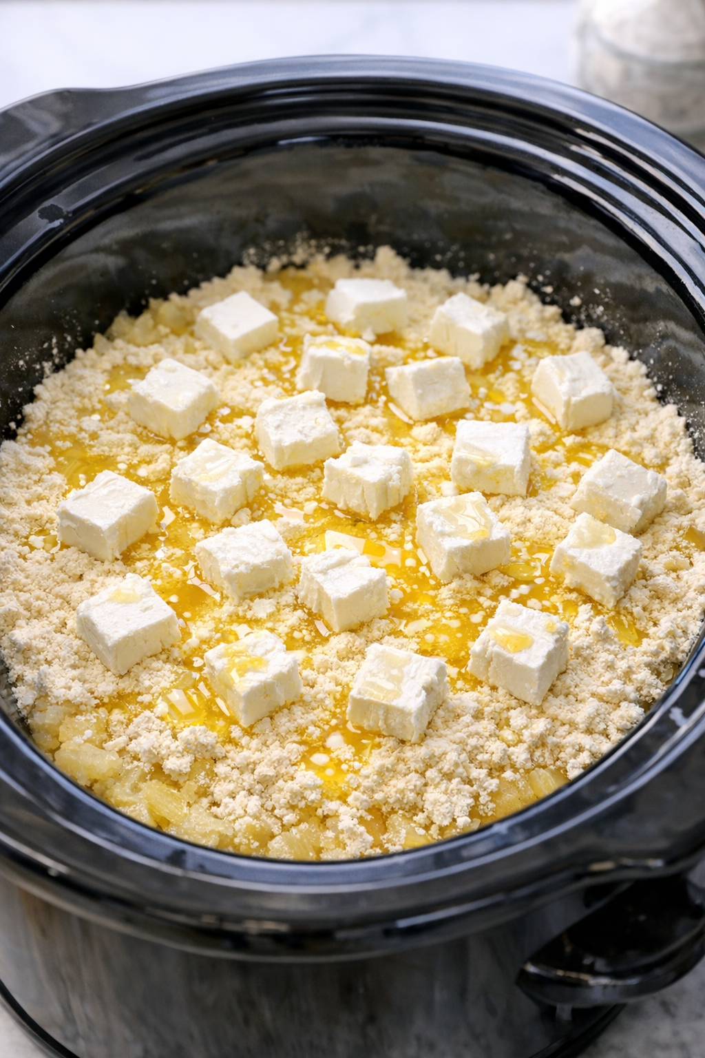 Cake mix, cream cheese, and butter layered in slow cooker