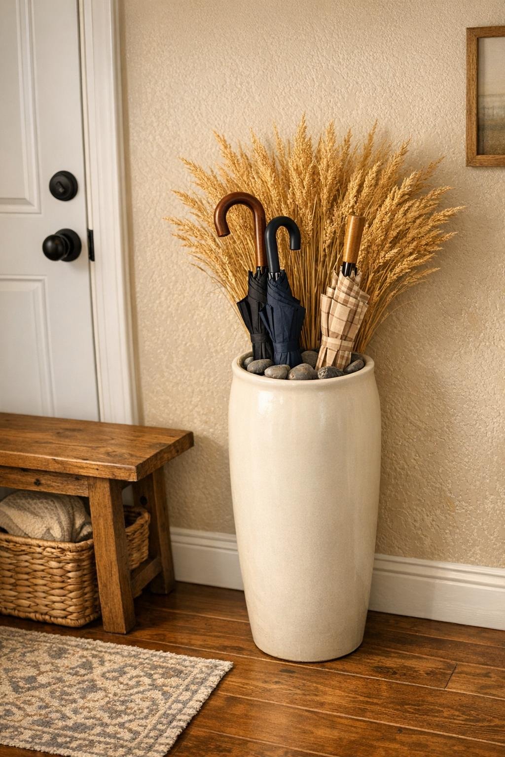 Finished umbrella stand made from a tall ceramic vase with river rocks and dried wheat stalks