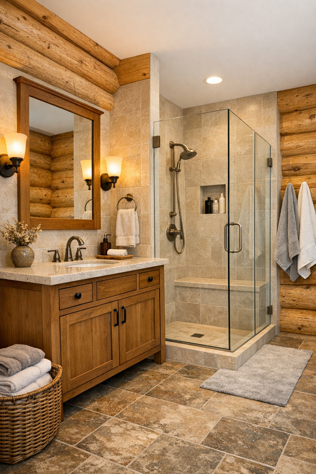 Warm rustic bathroom with wood vanity, light stone finishes, and walk-in shower