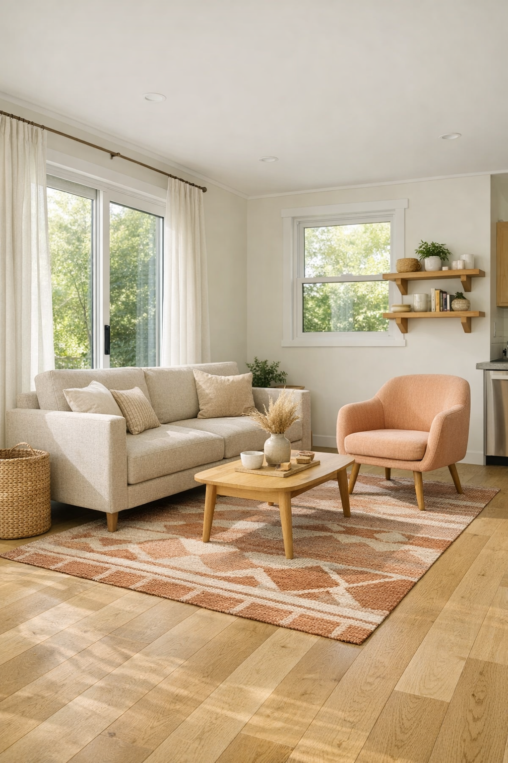 Accessible living room with pale oak floors, oatmeal sofa, and soft peach accents