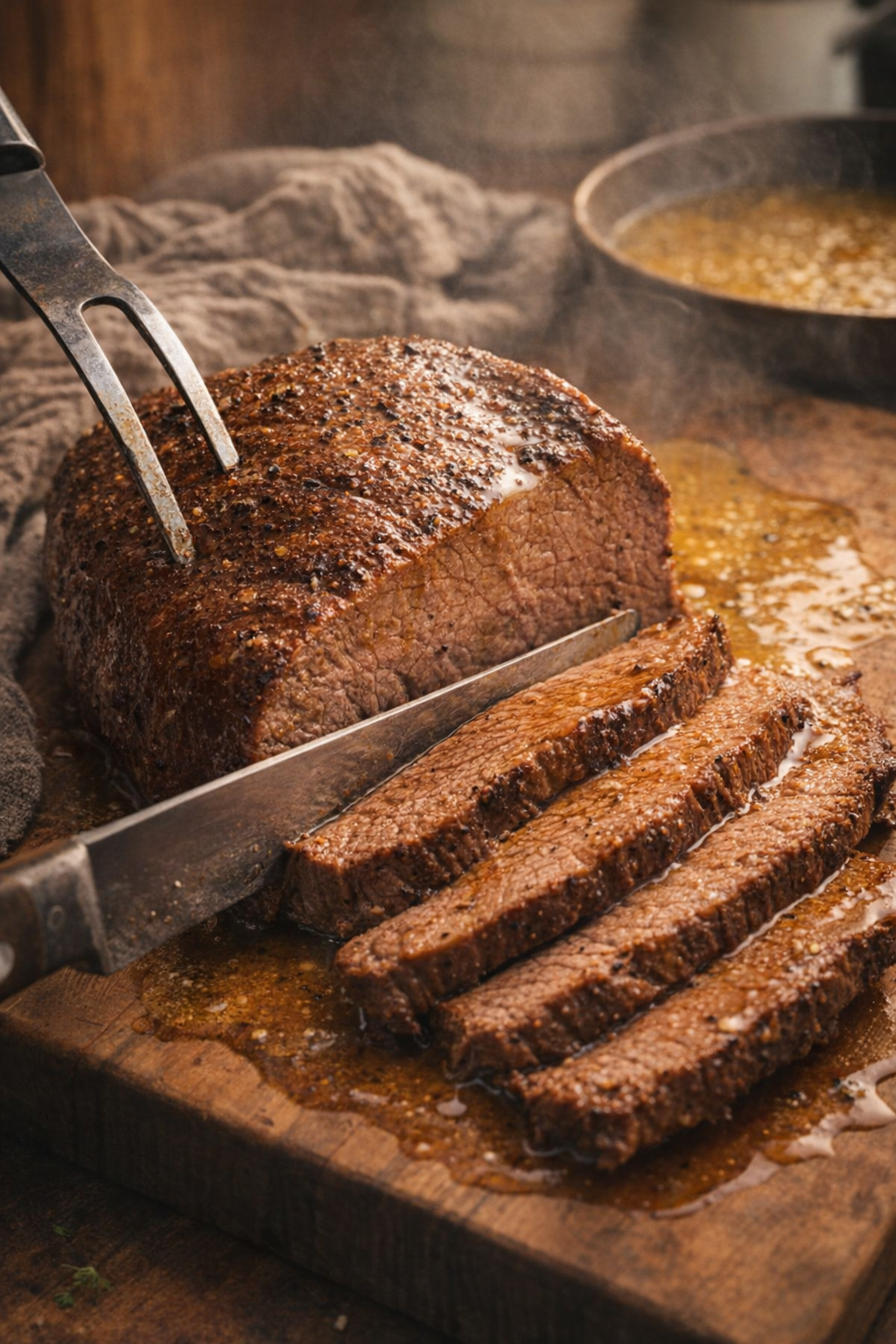 Tender roast being sliced on a cutting board