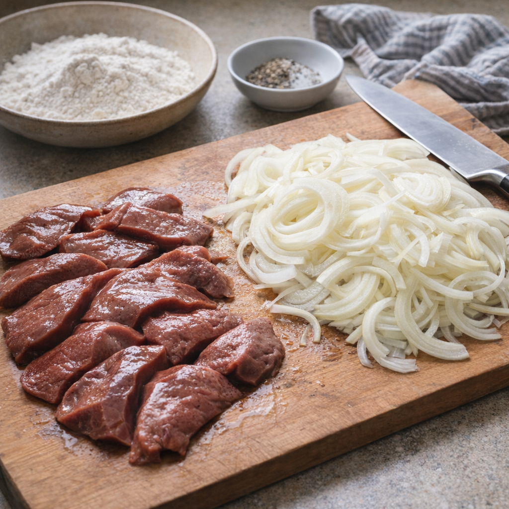 Raw pork liver and sliced onions arranged for prep