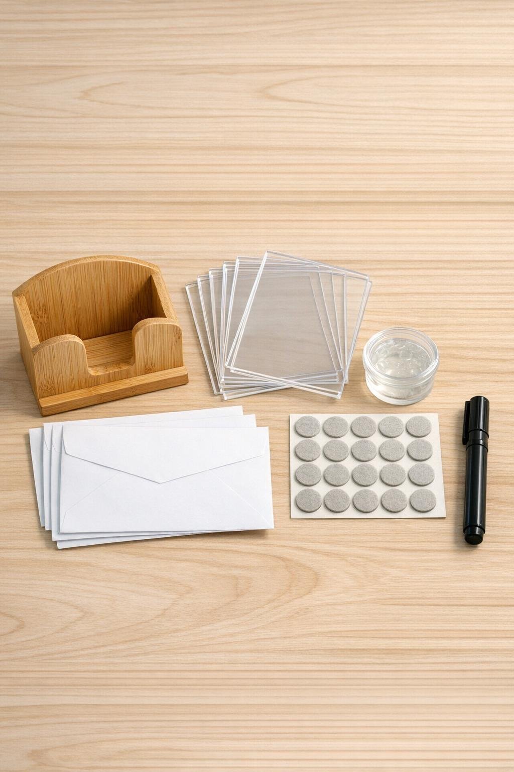 Materials for the acrylic frame mail sorter laid out on a table