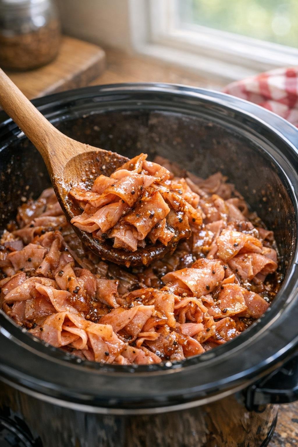 Ham coated in apple mustard sauce in slow cooker