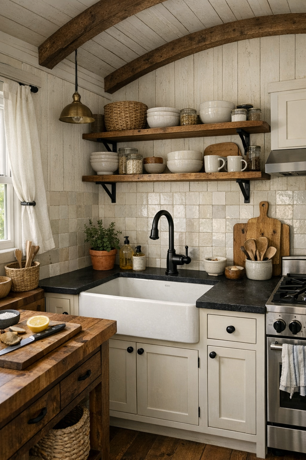 Handcrafted tiny home kitchen with cream cabinets and dark counters