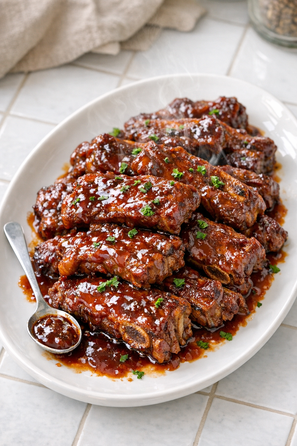 Finished slow cooker barbecue beef flanken ribs on a platter