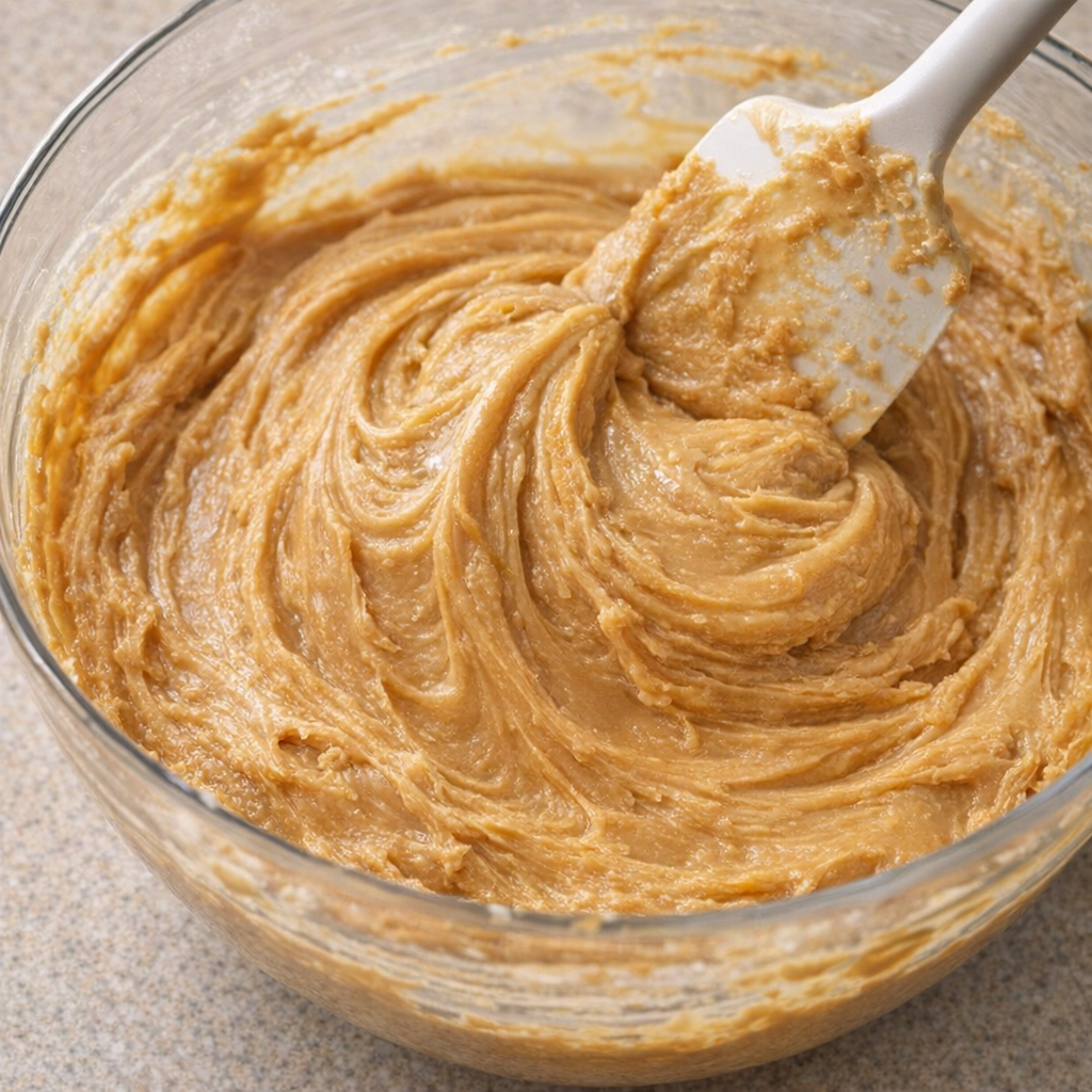 Glossy peanut butter fudge mixture being folded together in a bowl