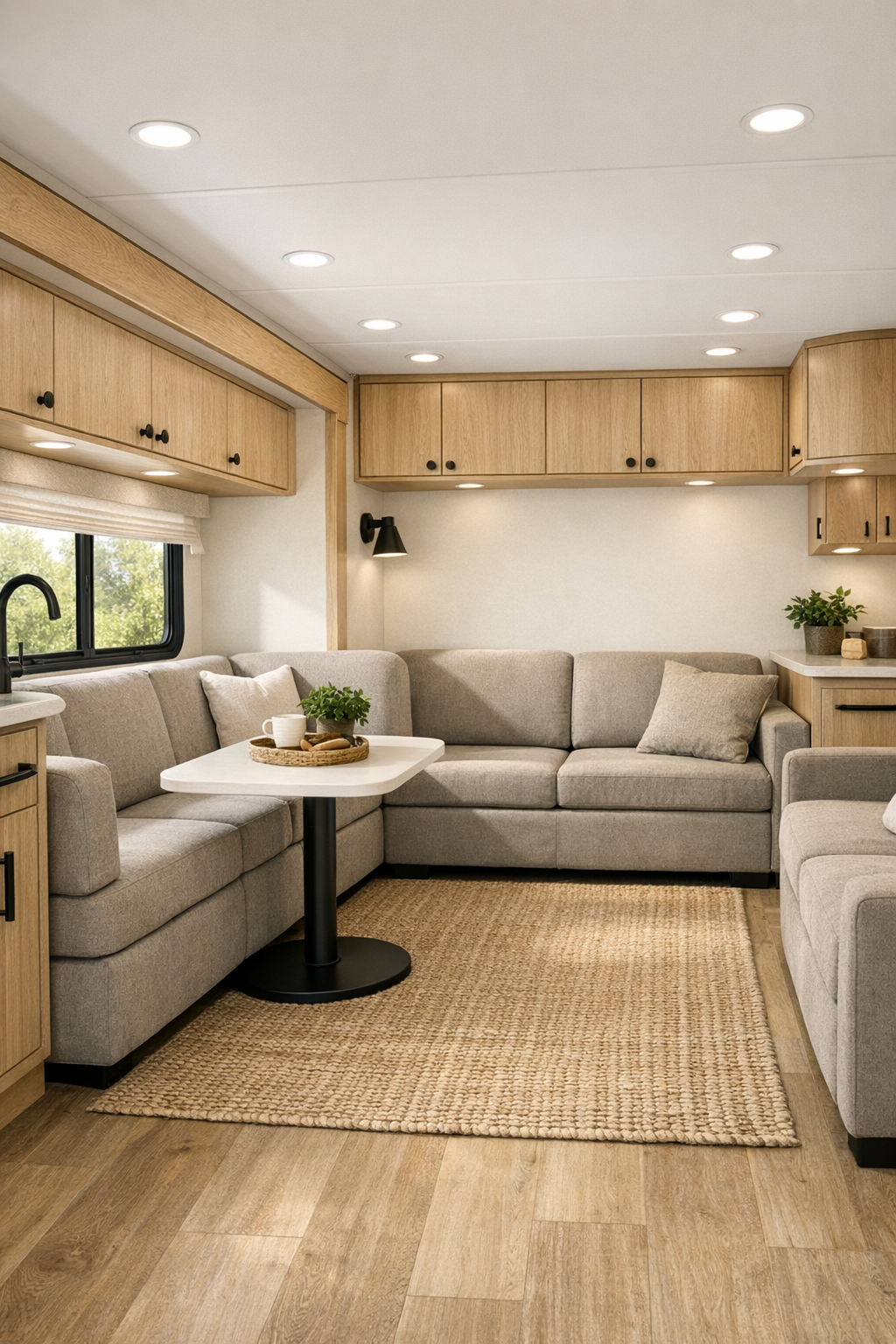 Accessible RV living room with warm white walls, pale oak cabinetry, and greige built-in seating