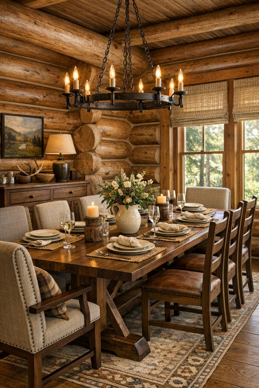 Warm log home dining room with trestle table and iron chandelier