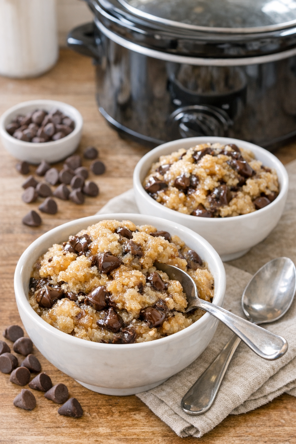 Warm slow cooker chocolate chip cookie dessert served in bowls