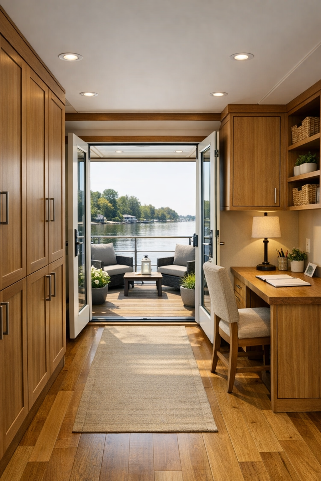 Multifunction houseboat passage and rear deck area with built-in storage, a small work nook, wide glass doors, and simple outdoor seating
