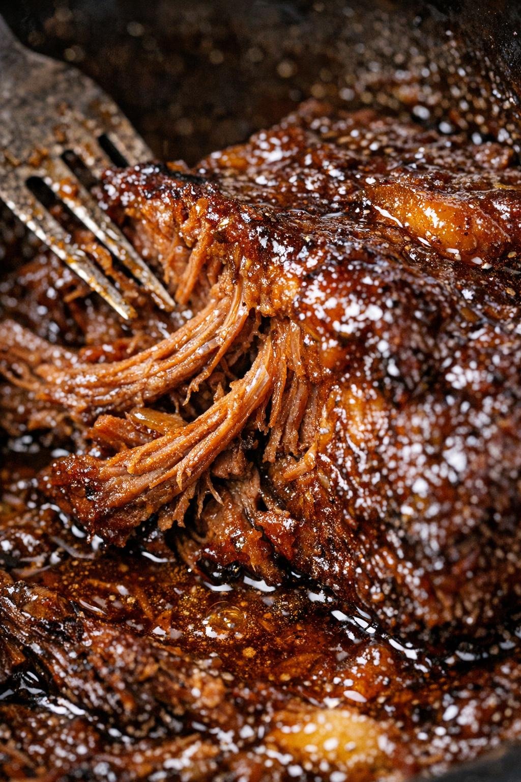 Slow cooker glazed beef brisket pulling apart