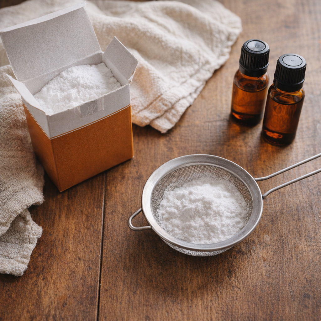 Baking soda, small essential oil bottles, and cleaning tools on a table