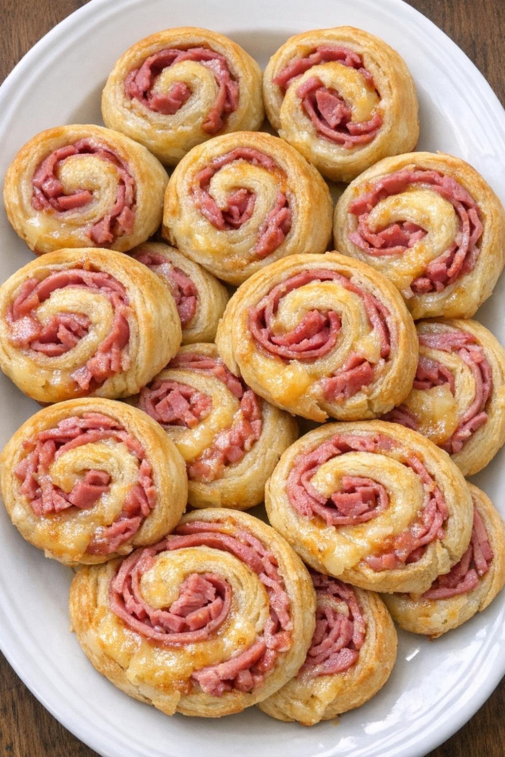 Spiral crescent pinwheels with corned beef and aged gouda on a white serving platter