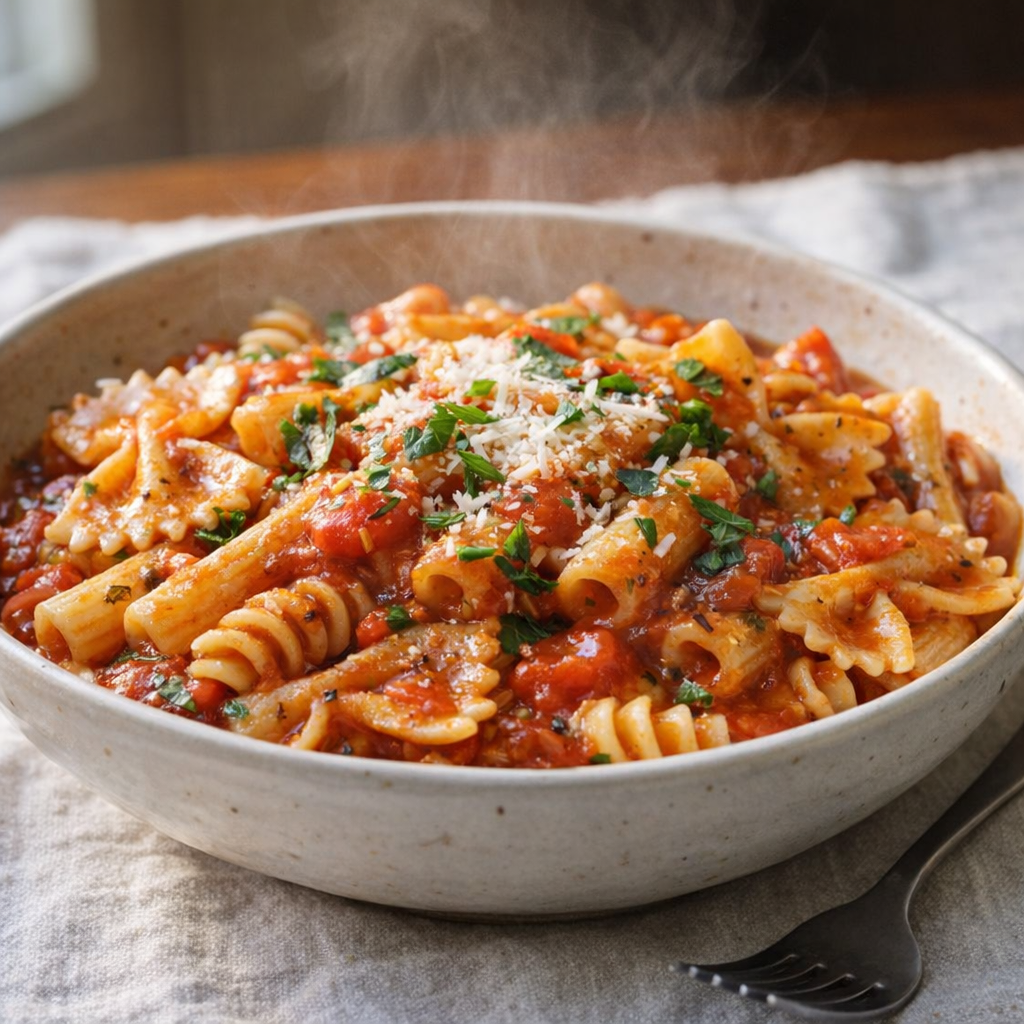 Finished slow cooker pasta topped with Parmesan and basil