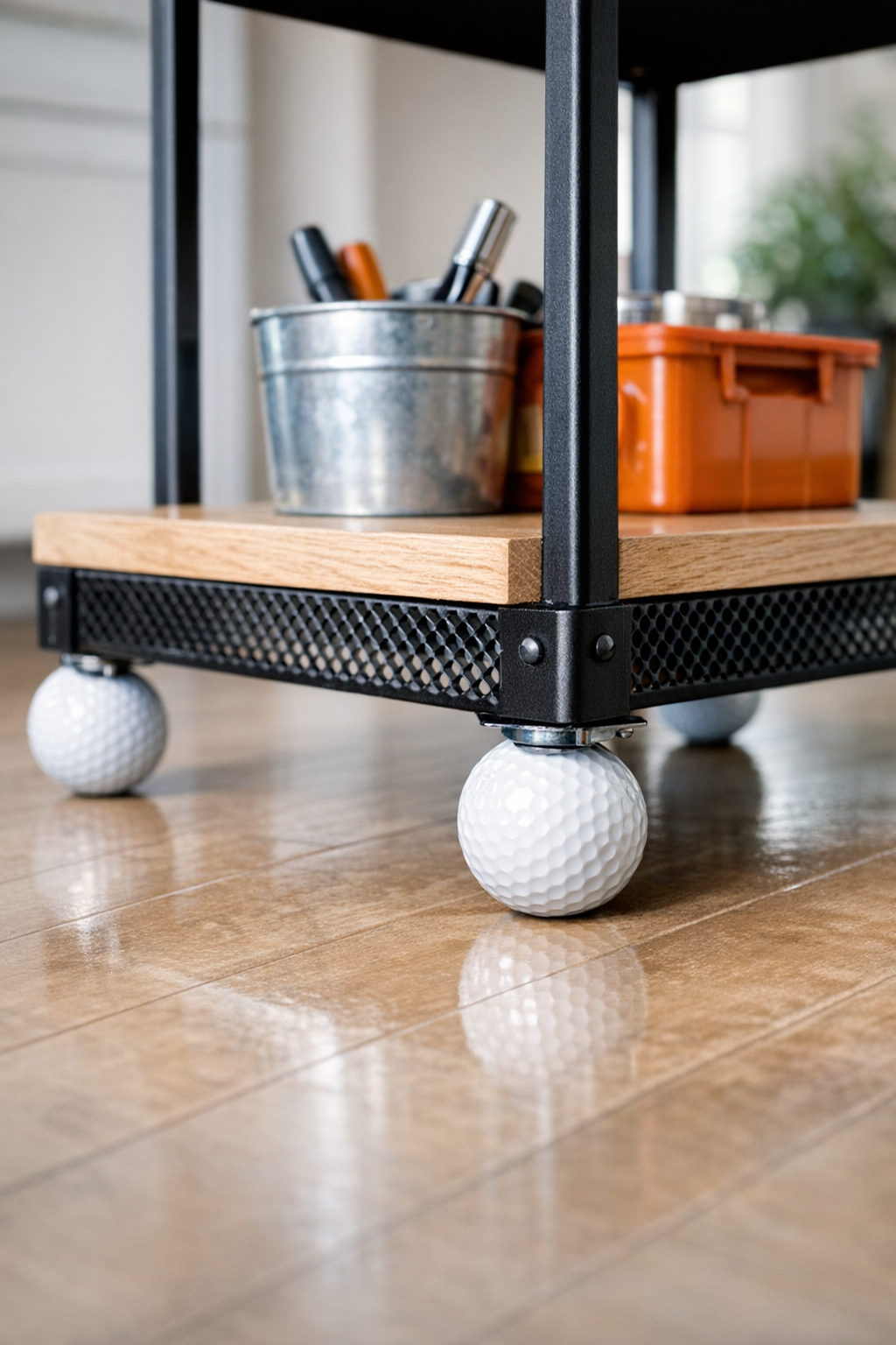 Finished DIY heavy-duty floor casters made from golf balls