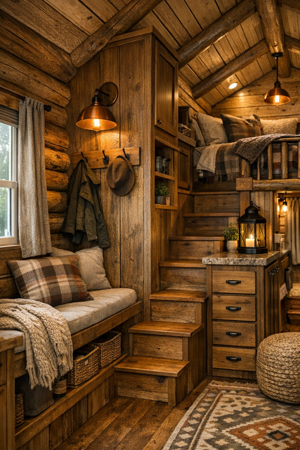 Rustic loft and entry details with built-in storage in a log cabin RV