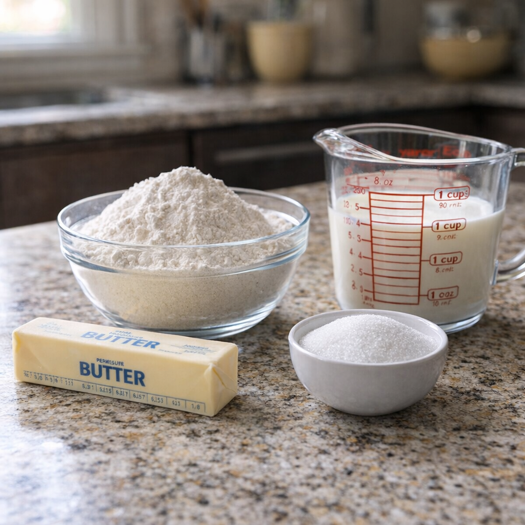 Biscuit ingredients arranged on a kitchen counter