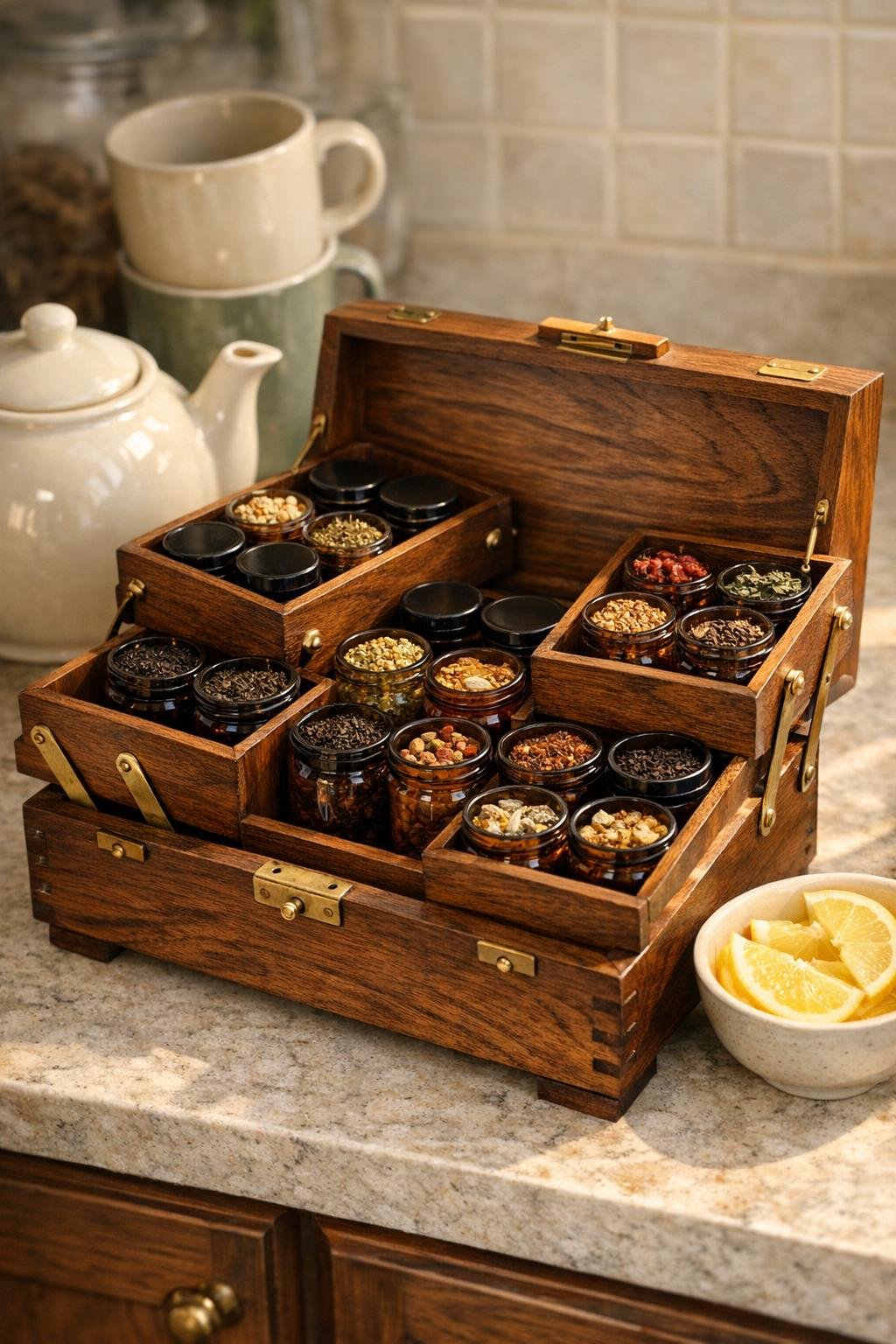 Finished tea station made from amber spice jars in a walnut sewing box