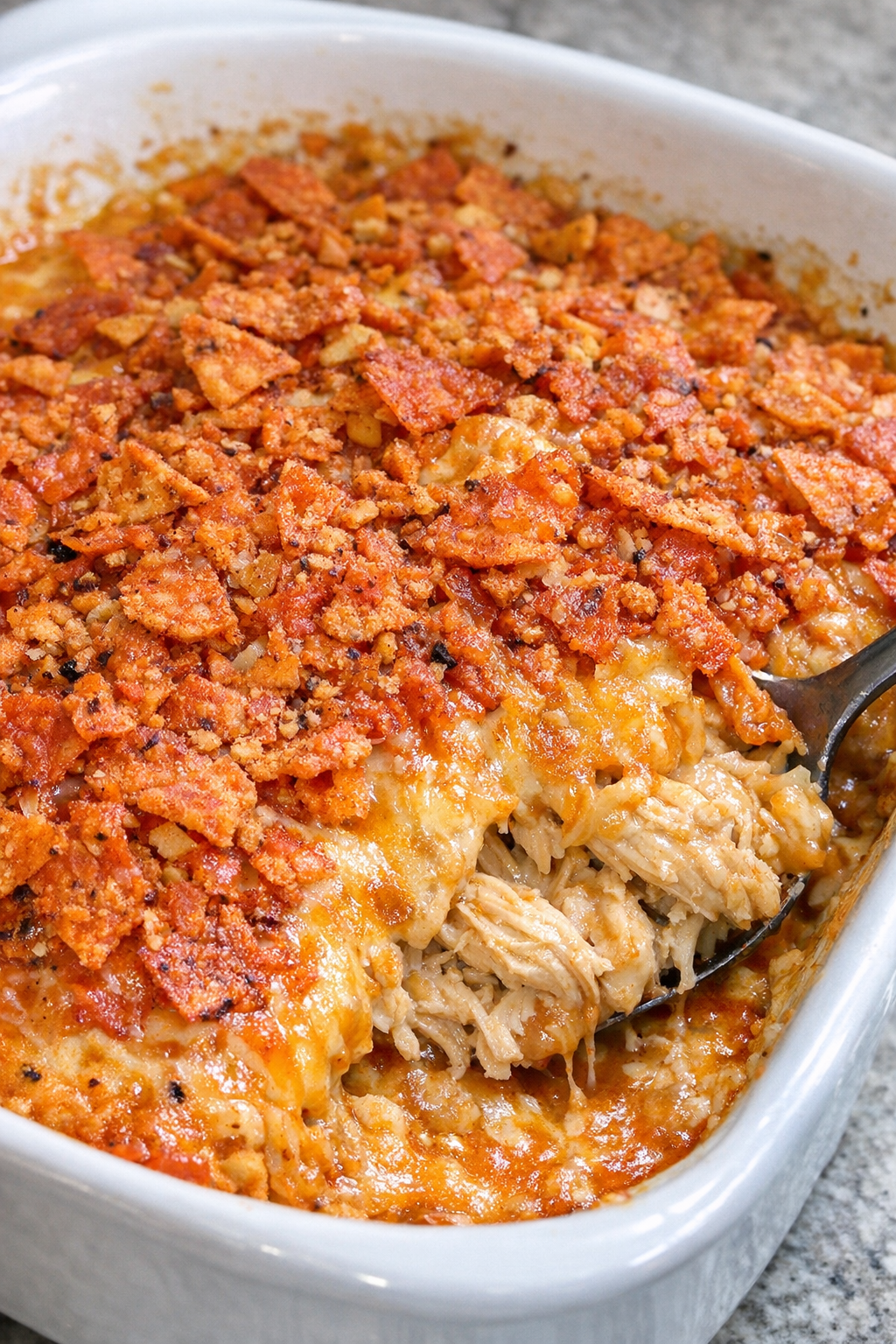4-ingredient dorito chicken casserole in a white ceramic baking dish