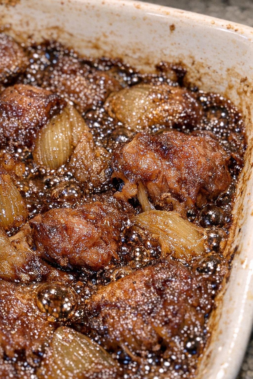 Caramelized baked dish in a ceramic baking dish