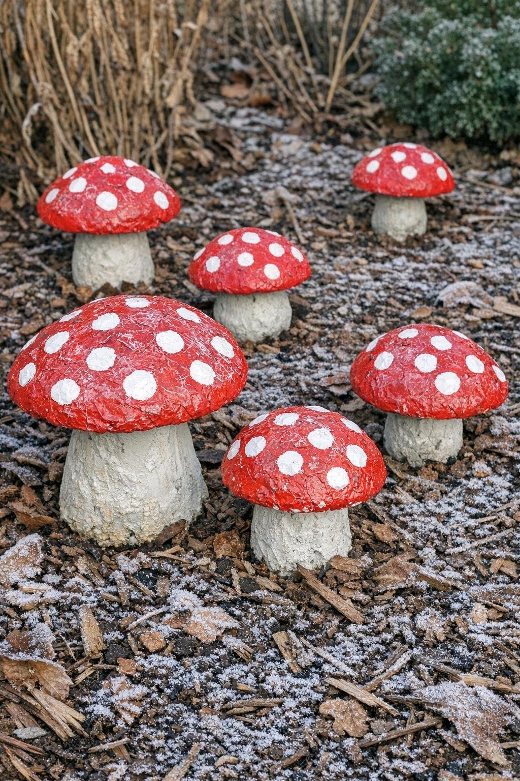 Painted concrete mushrooms in a winter garden bed