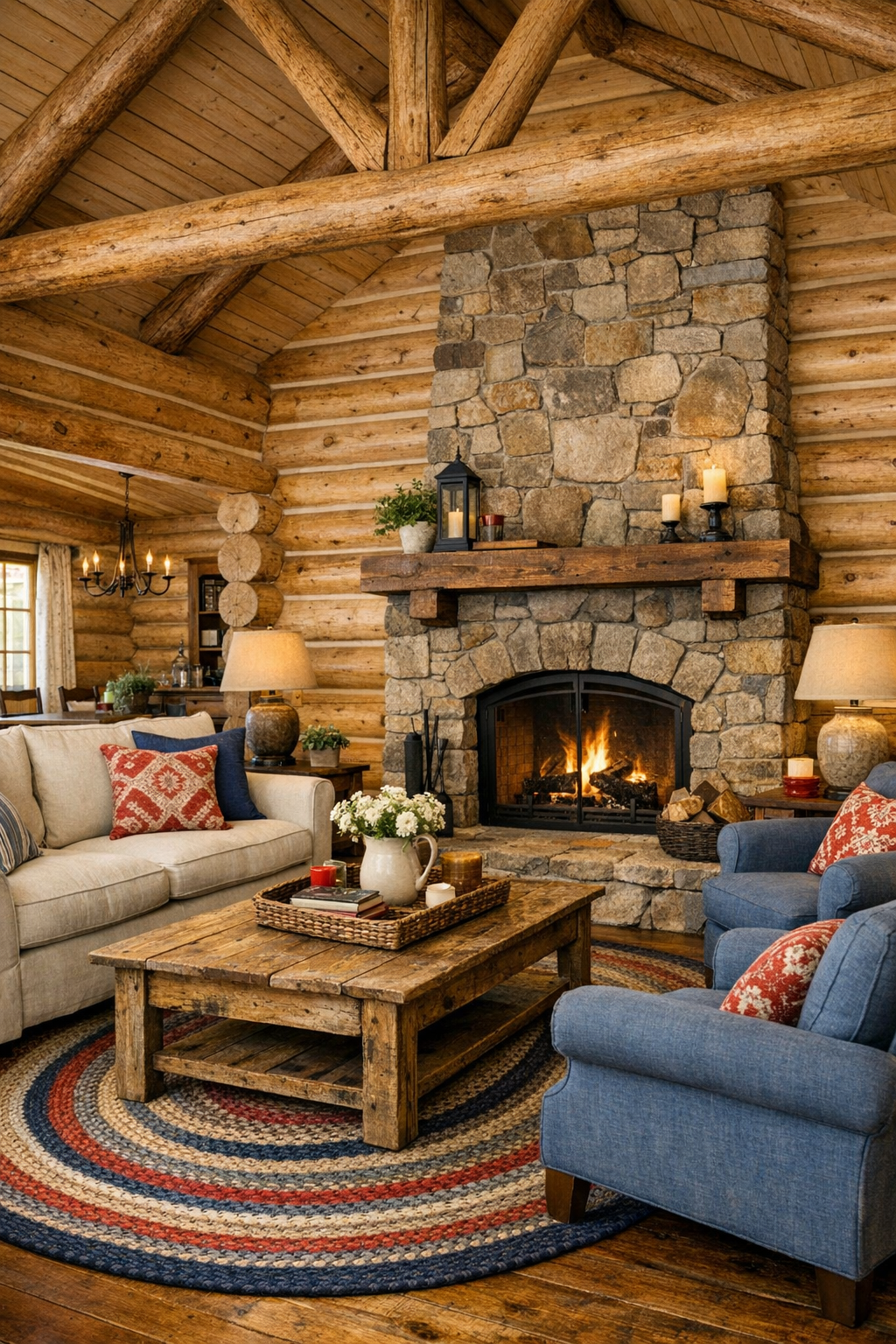 Warm log home living room with stone fireplace and soft patriotic accents