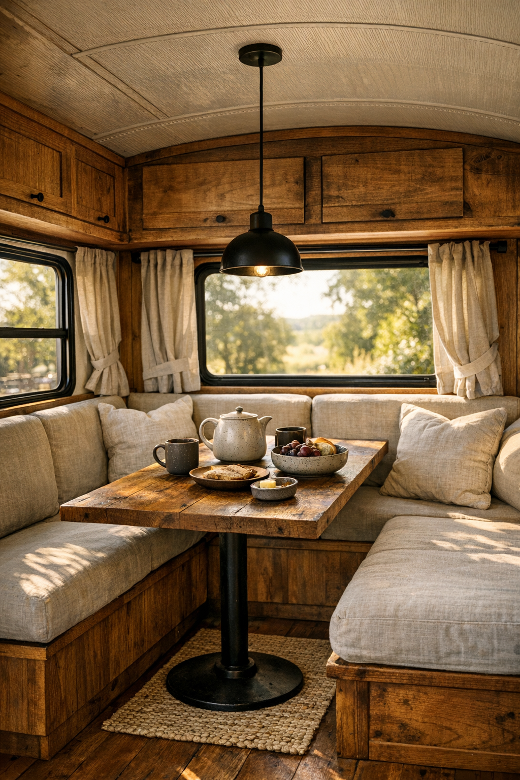 Compact dining nook inside the converted bus with banquette seating and a rustic wood table